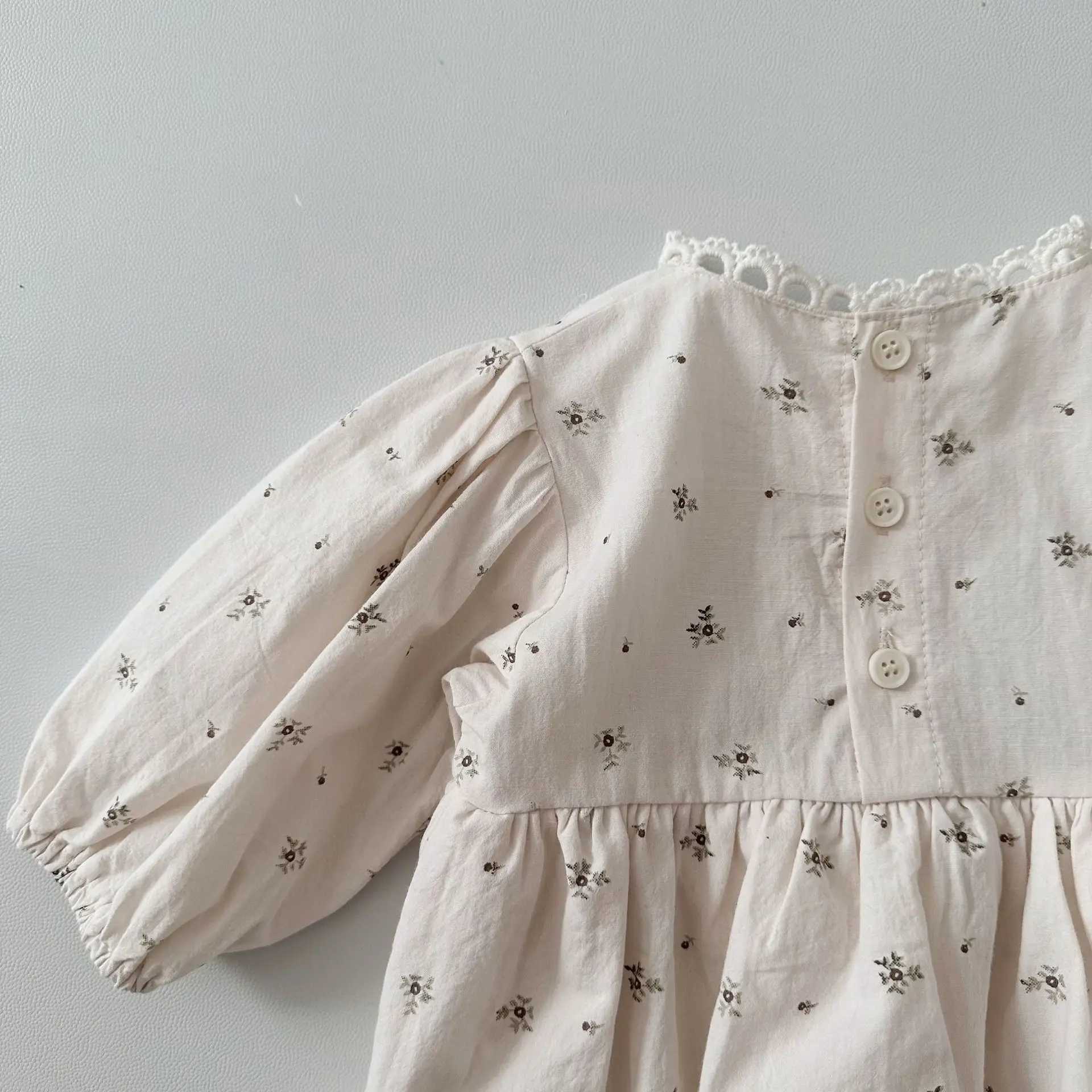 Rompers miniainis primavera novo bebê redondo racha de pescoço garotas princesa floral macacão solto menina de manga longa vestido de roupa de manga longa 0-2 anos d240425