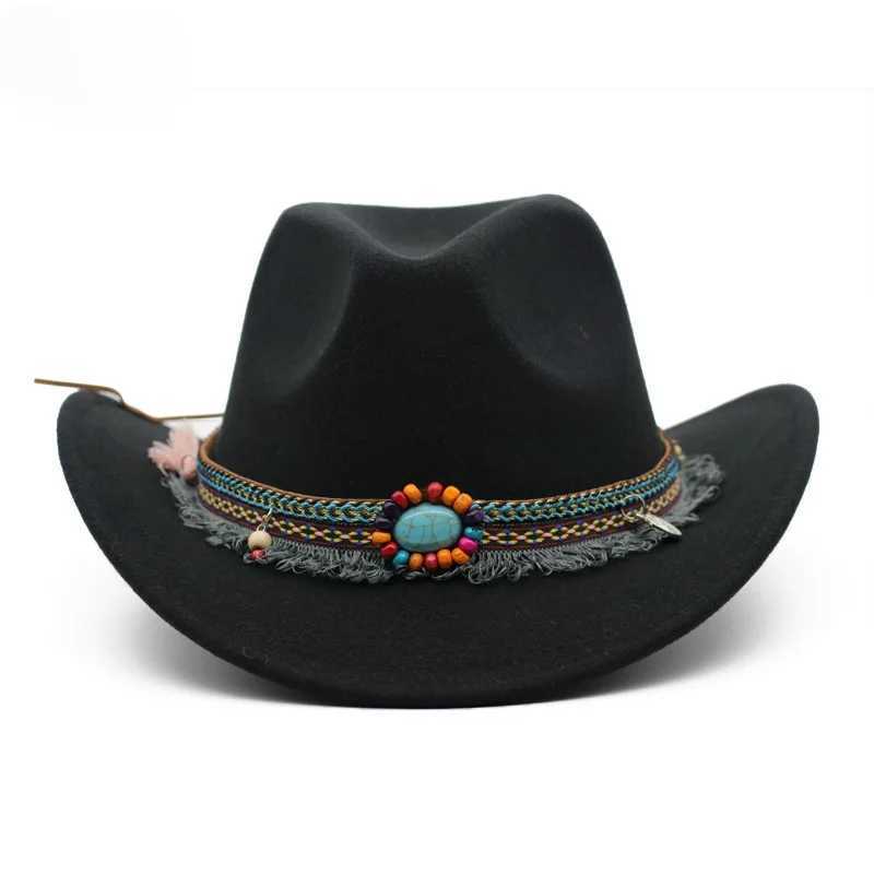 Chapéus de balde largos chapéus chapéus de cowboy chapéu de couro faux e mulheres de viagem chaps de moda chapéu ocidental chapéu de sol cowboy com decoração de turquesa y240425