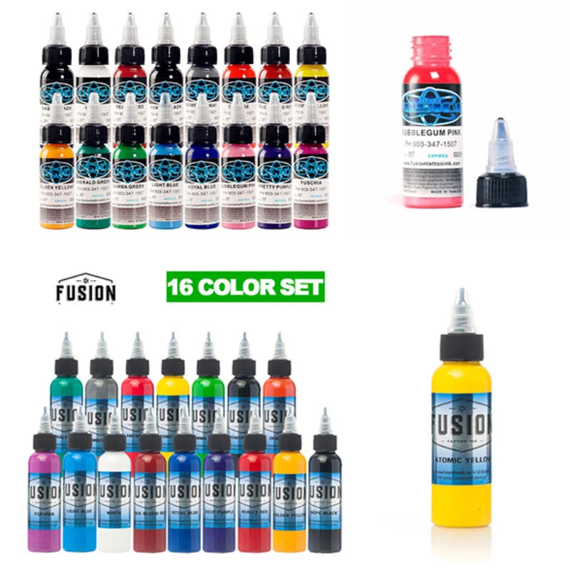 tattoo inkt fusion tattoo inks 16 kleuren ingesteld 1 oz 30 ml/fles tattoo pigmentkit voor 3D make -up schoonheid huidlichaam kunst.