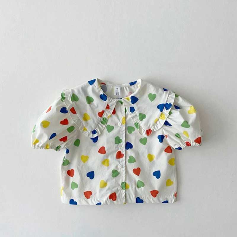 Camisas infantis blusas de bebê lapela simples algodão curta manga doce amor flores xadrez meninas tops de crianças tee h240425