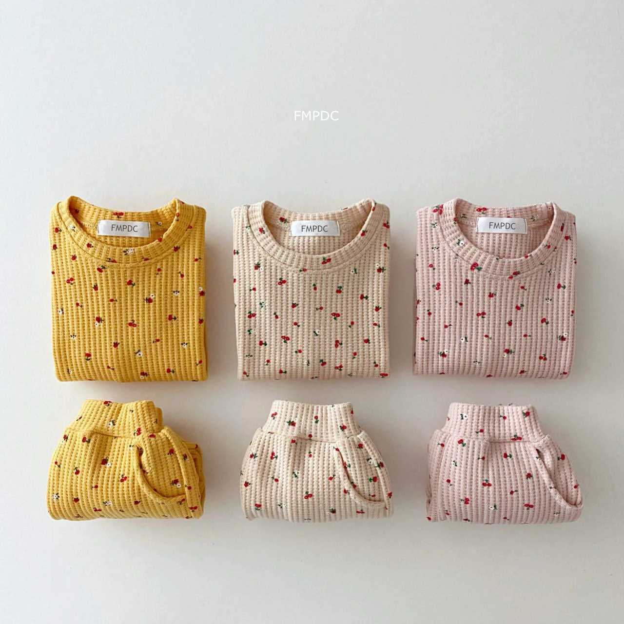 Clothing Sets 2024 New Toddler Kids Waffle Cotton Clothes Set Many Fruits Print Sweatshirt + Casual Pants Boys Suit Baby Girl OutfitsL2404