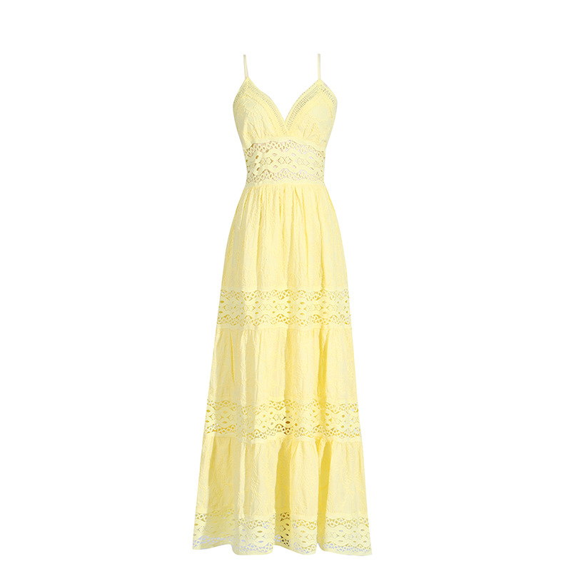 416 XL 2024 Milan Runway Dress SPring Summer Sleeveless Lace Embroidery Yellow Spaghetti Strap Skirt Womens Dress Fashion High Quality boka