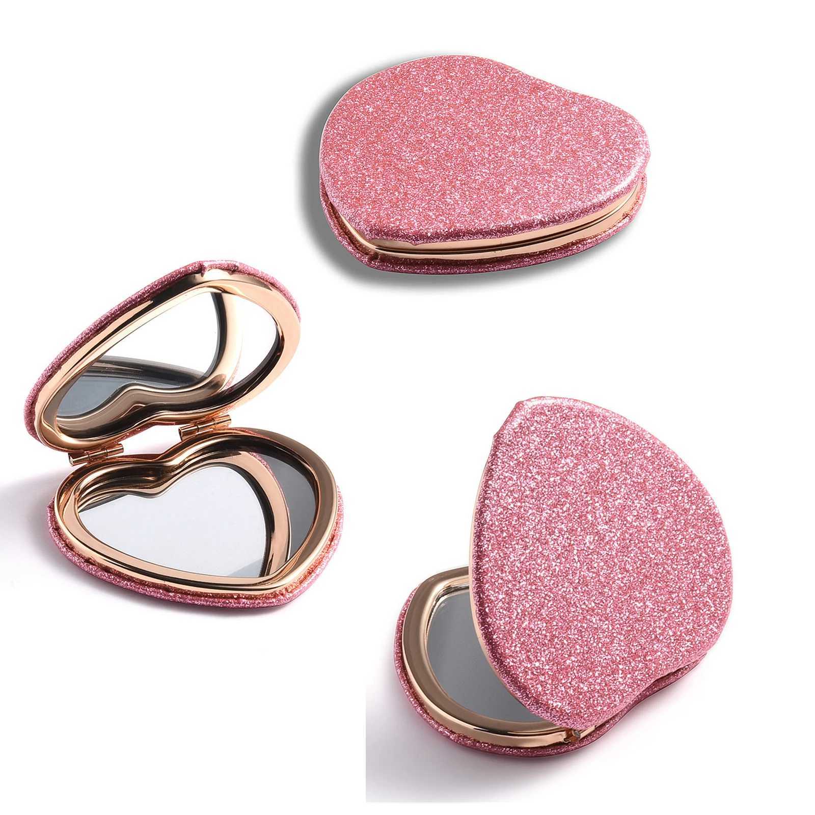 Spiegels glitter make -up spiegel pocket vouwbare dubbele make -up spiegel vrouwen compacte spiegels reis schoonheid cosmetische spiegel ronde hart