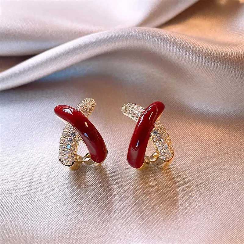 Dangle Chandelier Korean Red Enamel Cross Stud Earrings For Women Elegant Shiny Crystal Zircon Leaf Shaped Temperament Earrings Jewelry Gifts