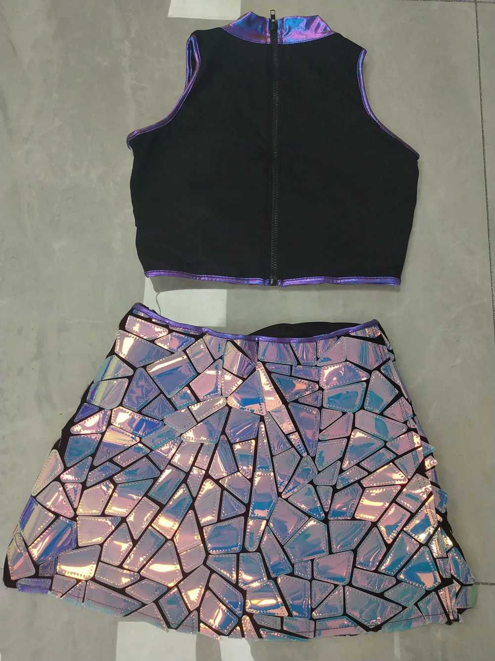 Stage desgaste do espelho de laser azul roxo Tops Skirt 2 peças roupas de performance Women Singer dançarina bar de boate de boate de pica