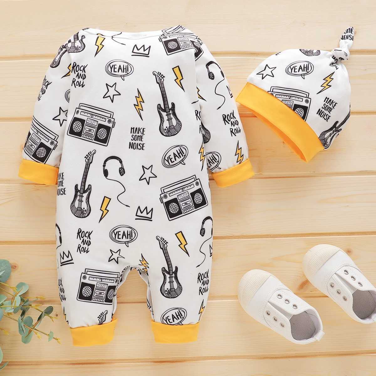 Rompers 0-12 meses Recém-nascidos Baby Bodysuuuu Aracão de desenho animado Macacão de mangas de manga longa com chapéu Romper para menino Roupa de garoto D240425