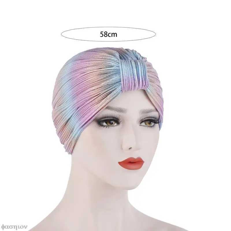 Hijabs Women Muslim Indian Turban Pleated Glitter Shiny Bonnet Chemo Cap Headwear Hijab Hair Loss Hat Cover Headscarf Wrap Caps d240425