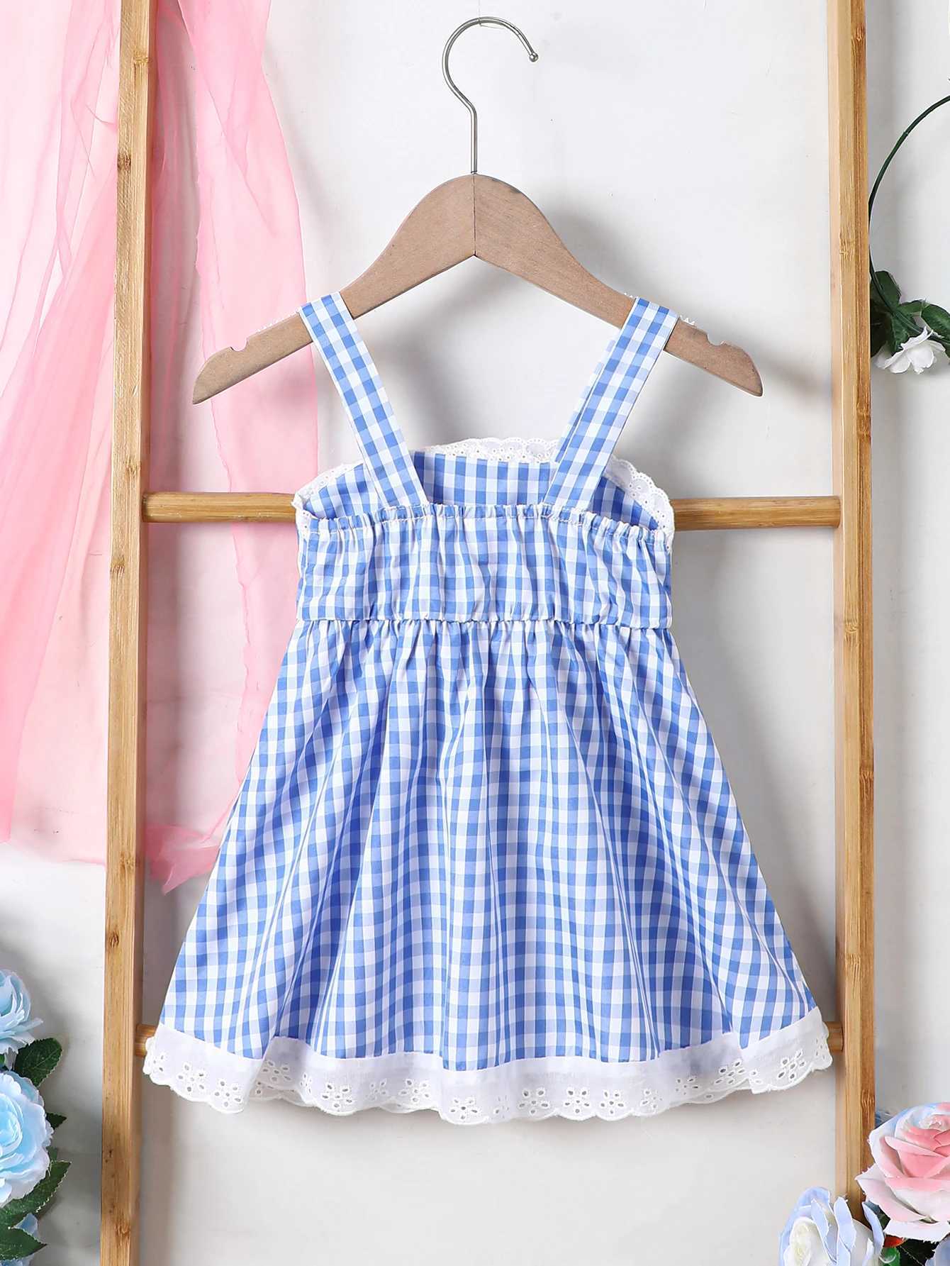 Girl's Dresses Summer Girls Camisole Skirt Embroidered Plaid Waistband Lace Dress Fashionable Cute Baby Child d240425