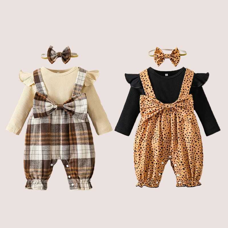 Rompers 2st Baby Girls Winter Fly Sleeve Leopard Stripe Faux Two Piece Bodysuit Cotton Button Down Toddler kläder med Bowknot 0-18m D240425