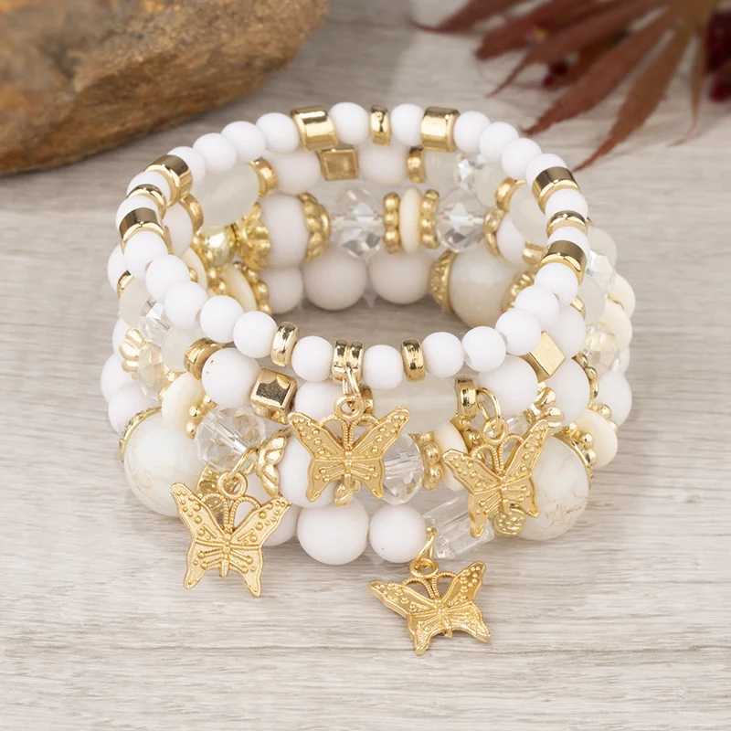 Beaded Bohemian Butterfly Charm Bracelet Set For Women White Acrylic Beads Chain Elastic Bangle Female Fashion Party Jewelry Gift