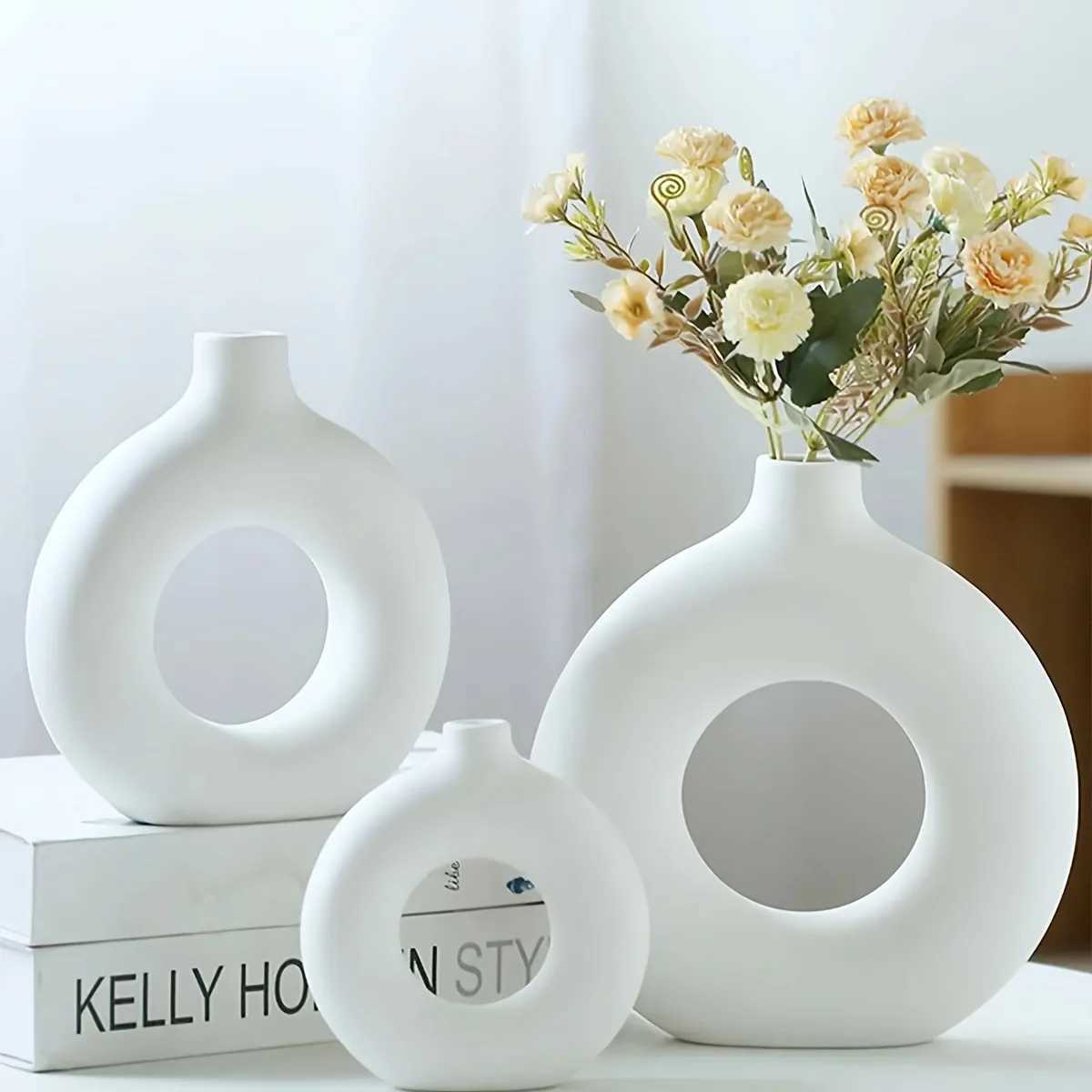 Vasos vasos de vasos de cerâmica branca/bege para decoração vasos de decoração de casa moderna vasos boho para decoração vaso círculo de vaso redondo donut vas
