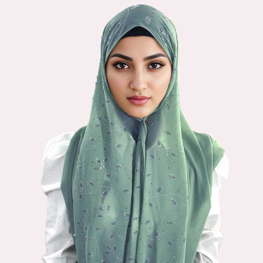 Hijabs Fashion Women Chiffon Scarf Leaf Diamond Crystal Scarf Hijab Shawls Wraps Muslim Hijab Scarf d240425