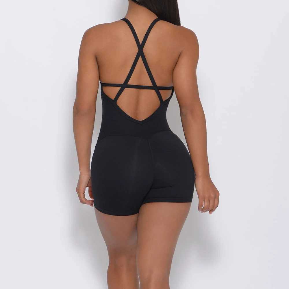 Jumpsuits voor dames rompers sport dames jumpsuit met kruisvormige achterste afneembare borstkussen actieve fitness geïntegreerde push -up sexy jumpsuit y240425