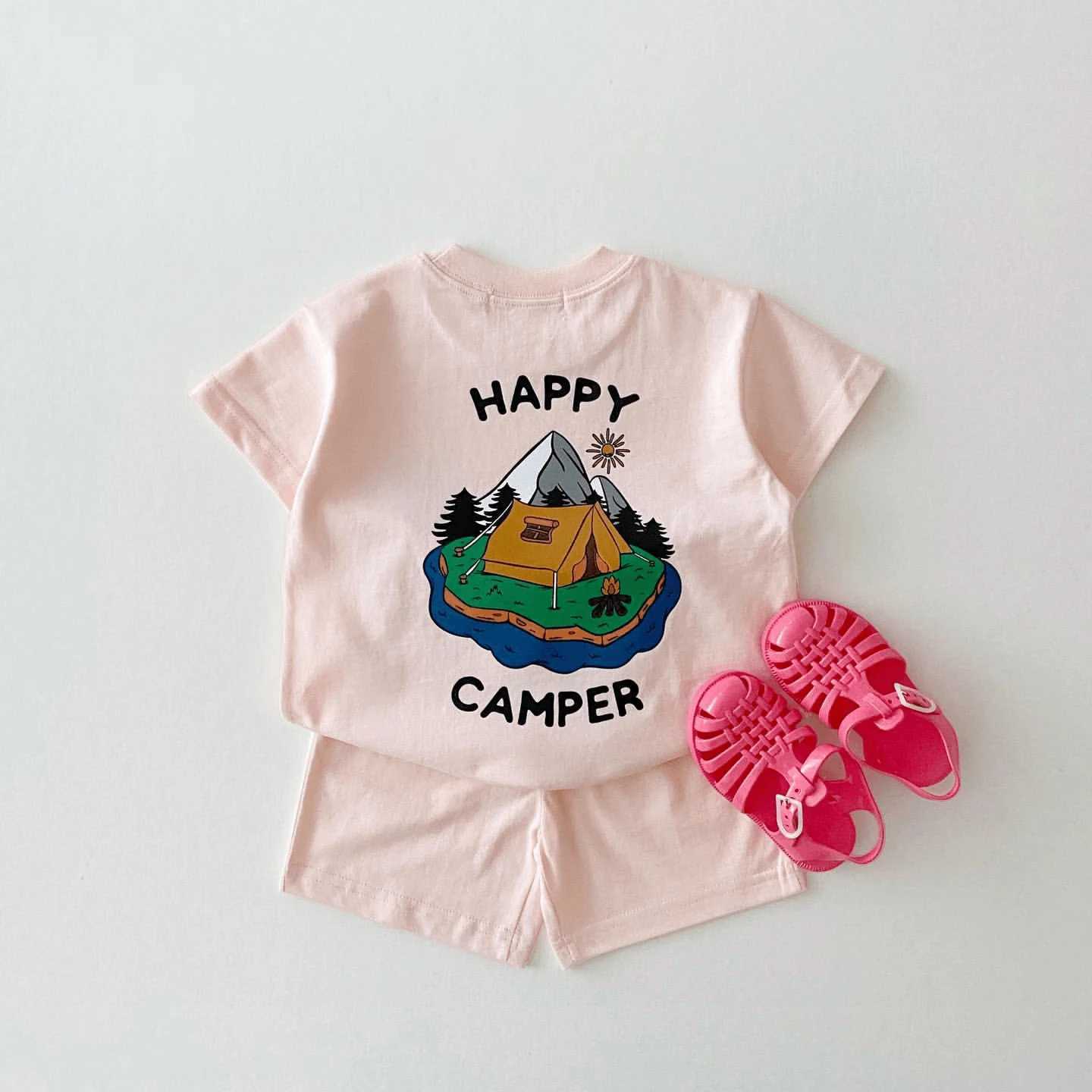 Kleidungssets koreanischer Stil Sommer Kleinkind Kinder Baby Jungen Kleidung Sets zweiseitig Happy Camper Print T-Shirt+Bio-Baumwollshorts Girl Wäschel2404