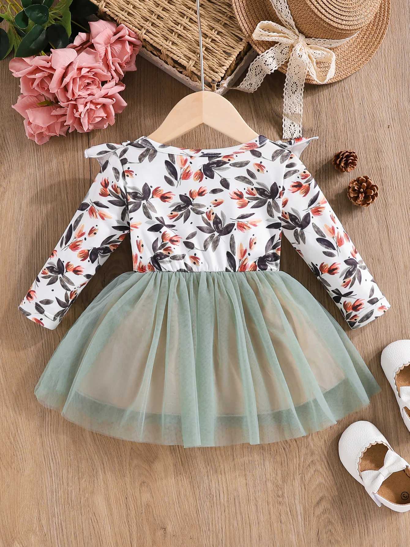 Girl's Dresses Infant Newborn Baby Girls Spring Autumn Round Neck Long Sleeved Fashion Casual Dress 0-36M d240425