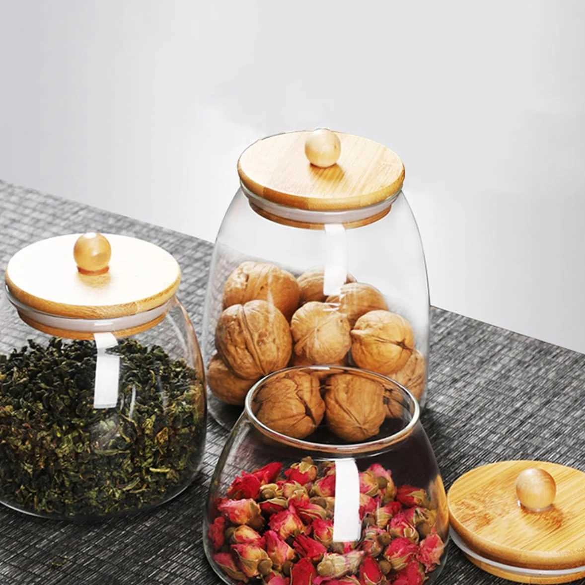 Contenitori di stoccaggio alimenti Contenitori in vetro Contenitore di alimenti serbatoio sigillato con tè al coperchio in legno e cucina di caramelle di grande capacità adatte l'uso H240425