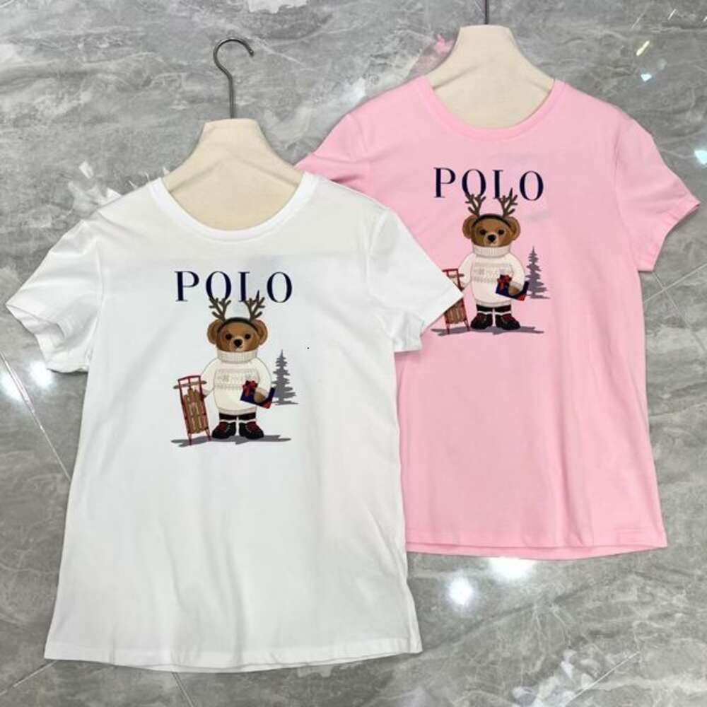 Lente zomer nieuwe Europese goederen Little Bear Cartoon Print Letter veelzijdig Instagram katoen ronde nek korte mouw t -shirt voor vrouwen