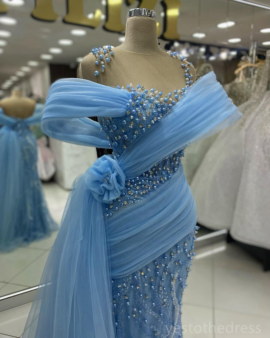 2024 Plus Size Blue Prom Dresses for Black Women Promdress Illusion Sheer Neck Beaded Lace Pearls Rhinestones Decorated Birthday Dress Second Reception Gowns AM778