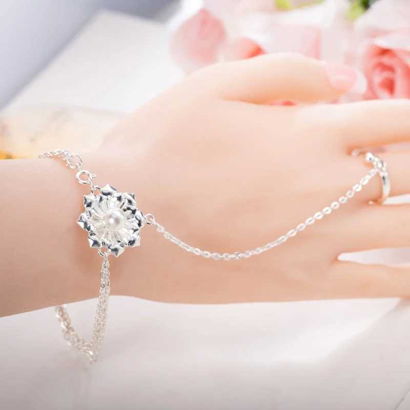 Beaded Lotus Bracelet Ring One Chain Jewelry for Women Crystal Matching Bracelets Bangles for Women Valentines Day Gift Pulseras Mujer