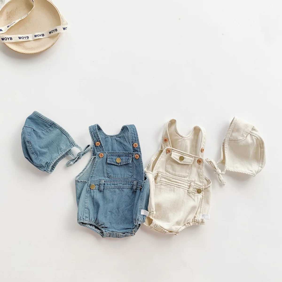 Rompers zomer baby babymeisjes jongens mouwloze denim knoppen overalls kinderen mode kleding katoen jumpsuits cadeau hoed bodysuits d240425