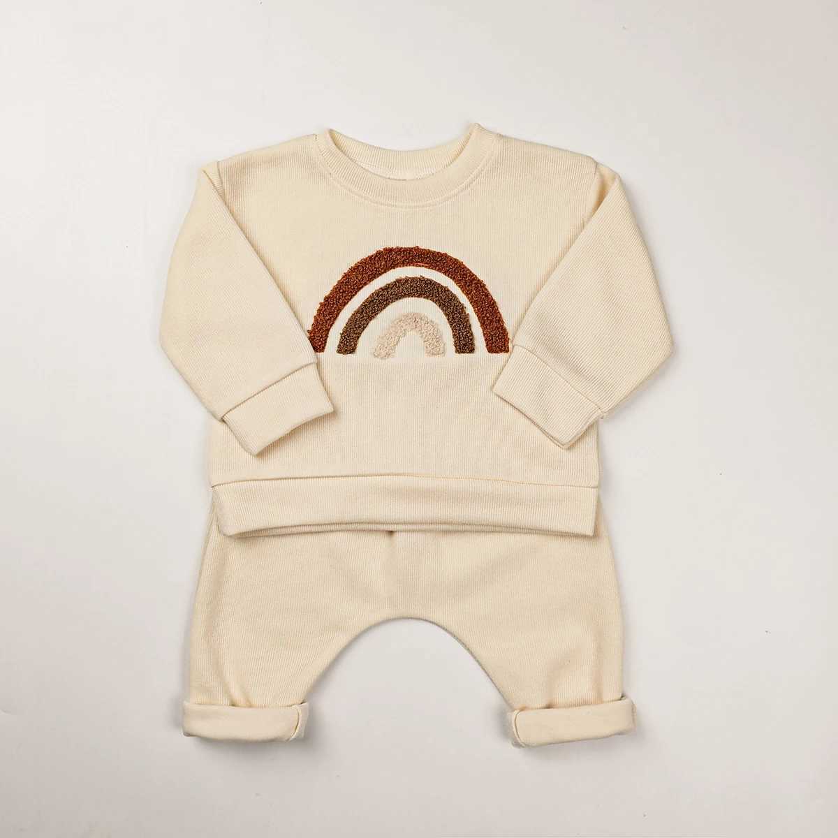 T-shirts 0-3Y Baby Boy Girl Clothes Set Newborn Infant Outfits Waffle Rainbow Tops Pants Casual Clothing Autumn SpringL2404