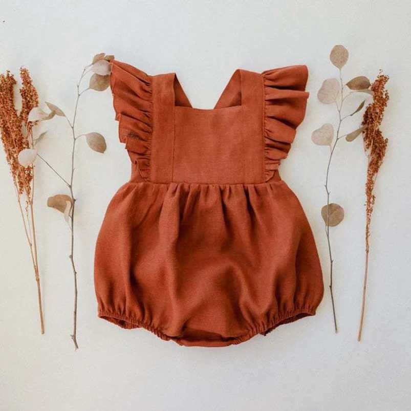 Rompers vintage linnen katoenen babymeisjes romper zomer ruches kanten mouwloze jumpsuit voor peutermeisjes uit één stuk kinderen kleding H240425