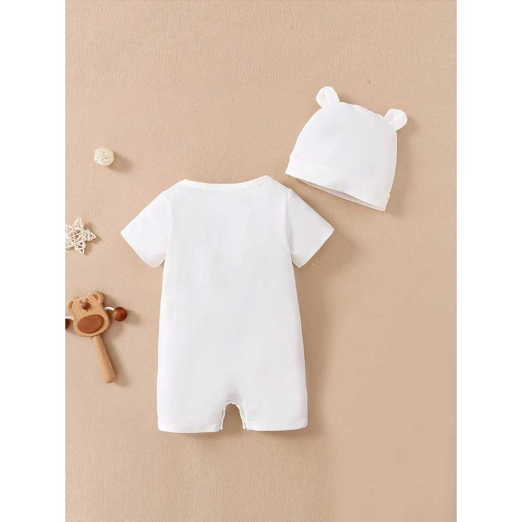 Rompers Baby Boy 0-18 miesięcy Romper Nowonarodzony Ubranie dla dzieci Śliczne niedźwiedzie krótkie rękawy Bodysit with Hat Summer Infant Baby Baby TUBUT D240425