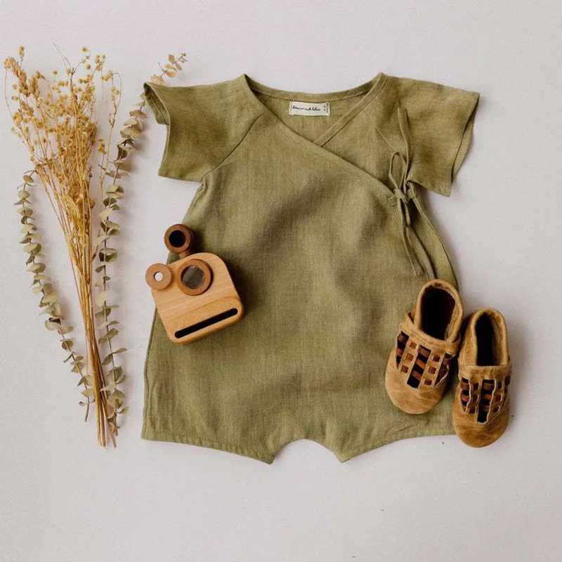 Rompers naturfärg linne bomull baby pojkar romper sommar kort ärm bodysuit för småbarn klädbarn