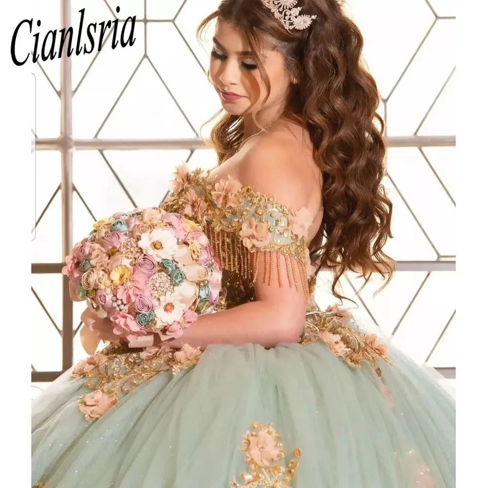 Mint Green Sweetheart Ball Abito da ballo Quinceanera Dresses for Girls Biad Birthday Gowns Lace Up Back Graduation 3D Flowers