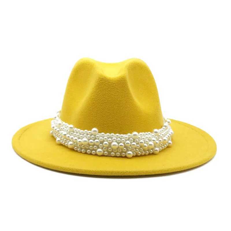 Szerokie czapki czapki czapki czapki poczuły kapelusz dla kobiet płaski czapkę z kalstic Pearl Ornaments Fedora Hat Y240425