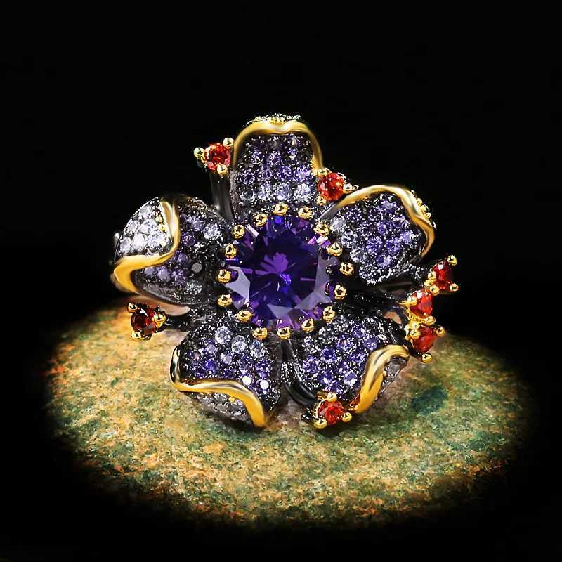 Bandringen 925 Stempel Nieuw uniek Purple Diamond Bloemvormige Zwart Gold Ring Zirkoon Glanzende sieraden Elegant Party Dames H240425