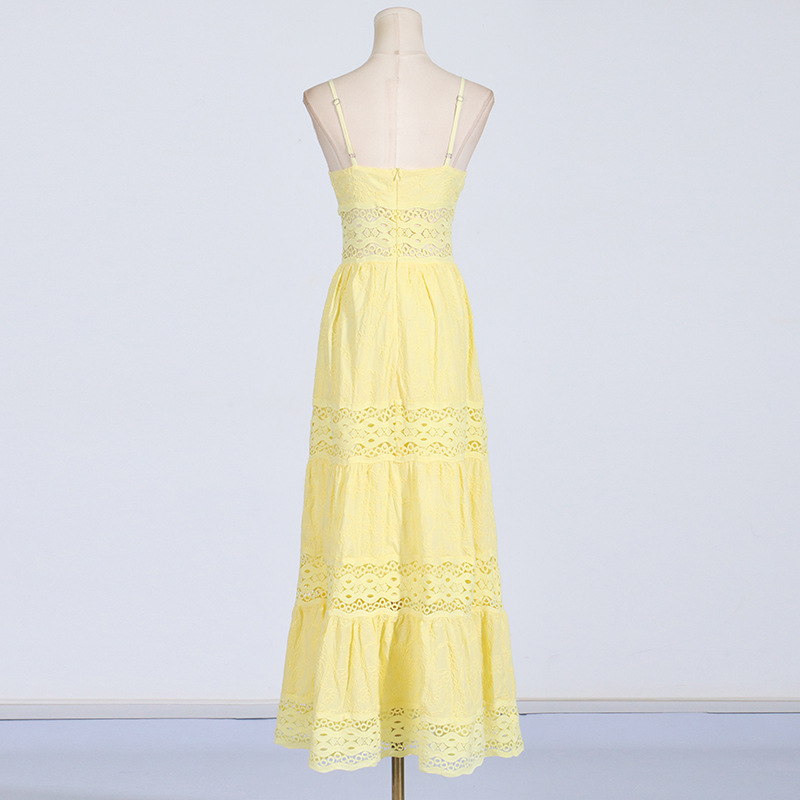 416 XL 2024 Milan Runway Dress SPring Summer Sleeveless Lace Embroidery Yellow Spaghetti Strap Skirt Womens Dress Fashion High Quality boka