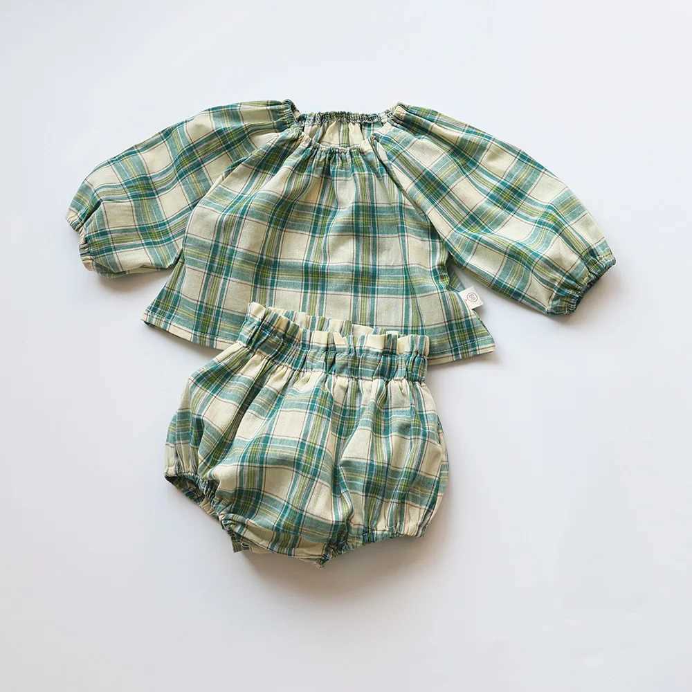 Clothing Sets Baby Girls Clothes Vintage Style Baby Girl Clothing Set Green Big Plaid Toddler Suit H240425