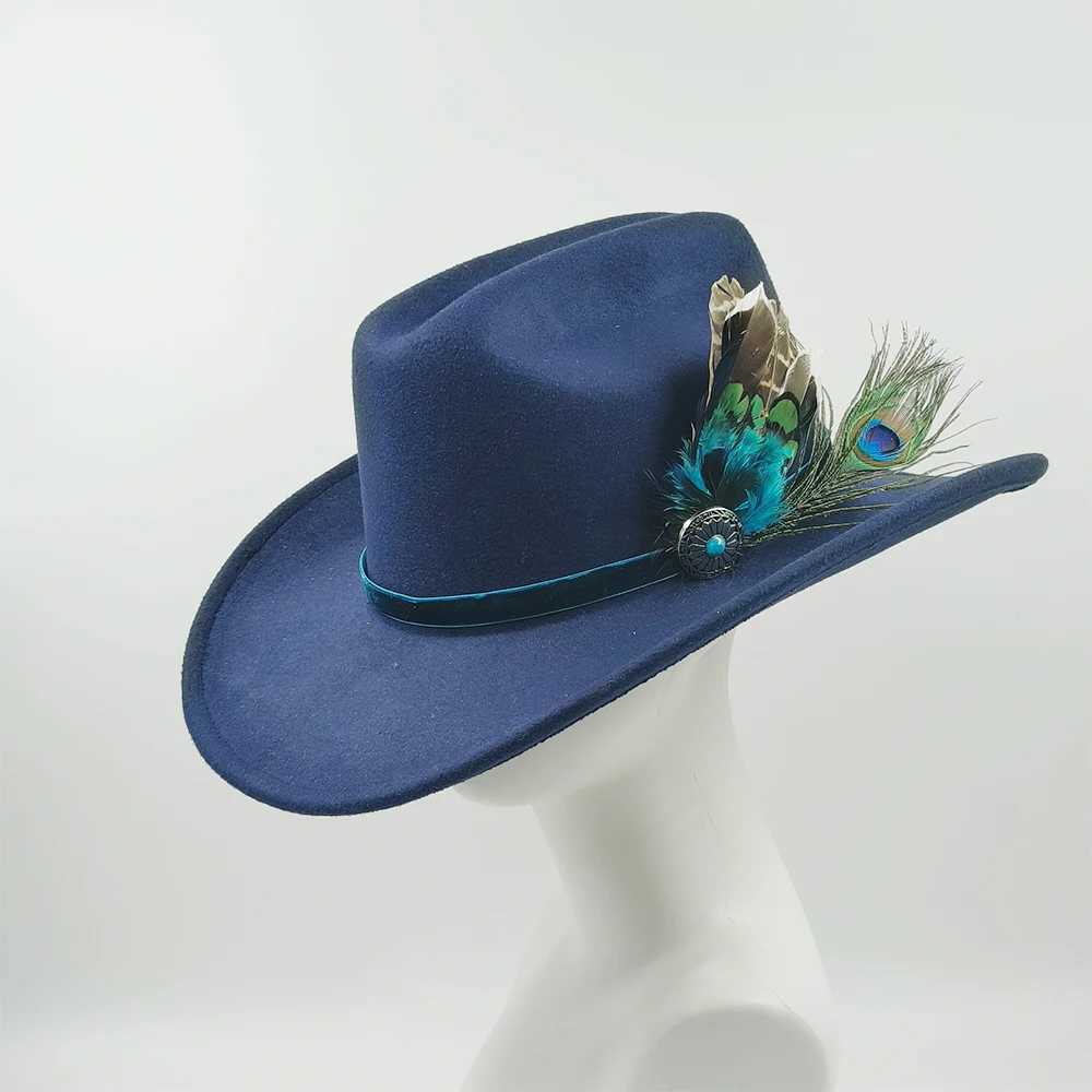 Wide Brim Hats Bucket Hats New cowboy hat gold velvet peacock feather DIY retro double concave western cowboy hat men and women jazz cowboy hat Y240425