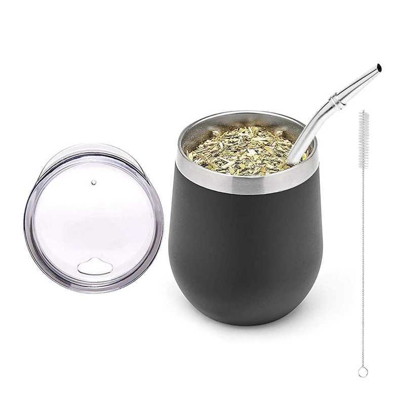 Tumblers Double walled stainless steel Yerba Gourd Mate tea set coffee cup and water with lid spoon straw Bombilla head filter brush H240425