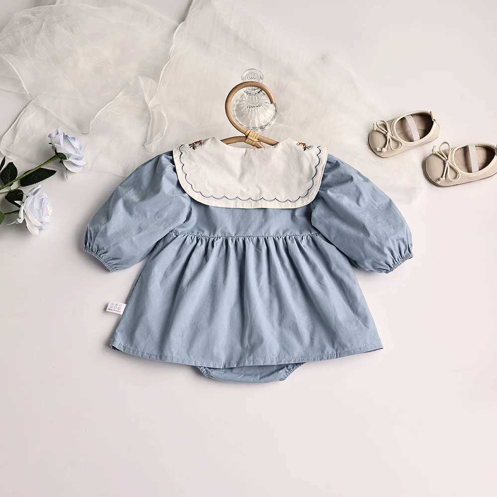 Rompers Spring Solid Pleed Body BodySuit Toddler Girls Girls Princess Clothes Embourory Big Collar Infant Vêtements H240425