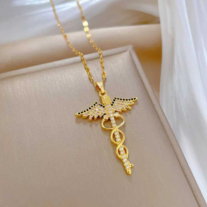 Pendant Necklaces Stailess Steel CZ Angle Wings Necklace Snake Ouroboros Magic Wand Caduceus Asclepius Necklaces Emergency Medical Movies Jewelry