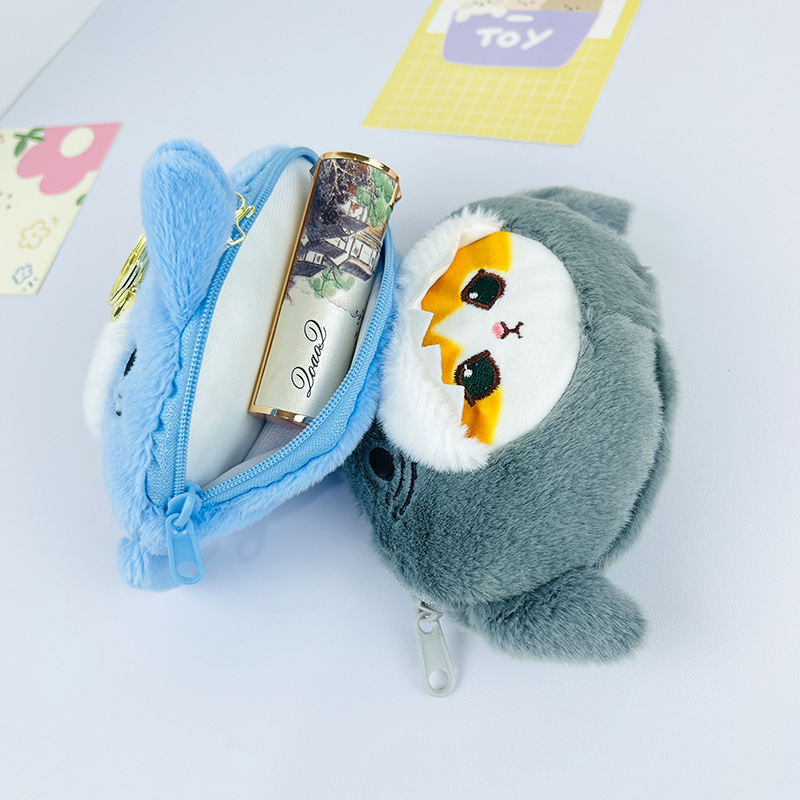 Carton de chat de requin mignon japonais zéro portefeuille en peluche rangement petit sac de porte-clés de porte-porte