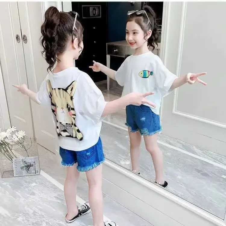 T-shirts cotton girls short sleeve cat fish print T-shirt summer children clothing Korean loose half sleeve summer topL2404