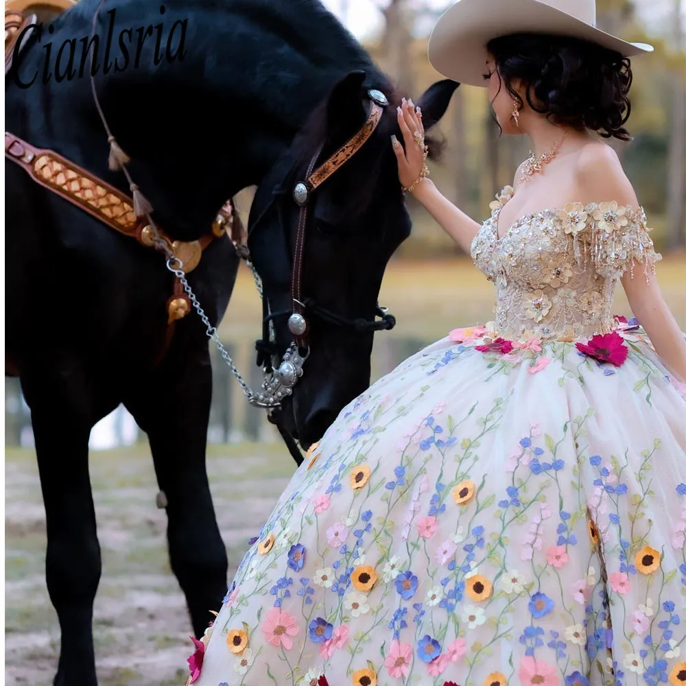 Vestido de bola de flores de Champagne 3D Vestidos Quinceanera Apliques florais coloridos Lace Corset vestidos de 15 Anos