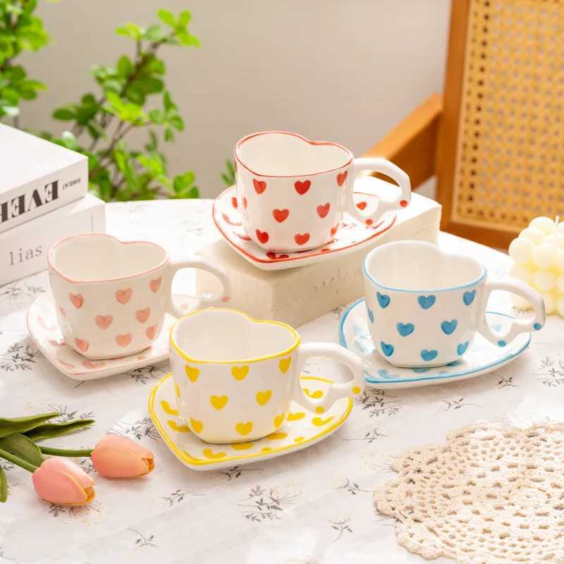 Cups Saucers New Ceramic Hand-painted Love Little Red Flower Plaid Fresh And Cute Cup Yogurt Oatmeal Bowl Fruit Plate One Cup And One Plate H240425