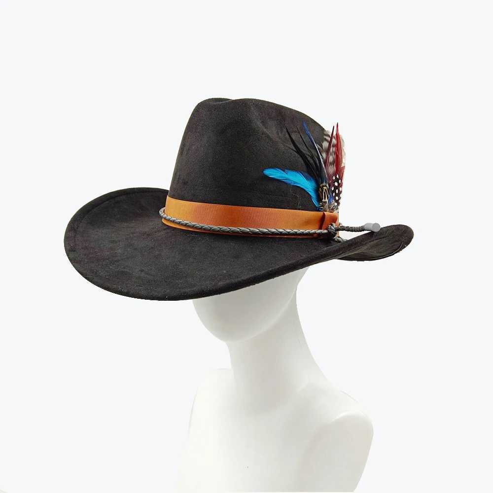 Breda randen hattar hink hattar western cowboy hatt tillbehör cowboy hatt mocka material hatt västerländsk stor grim riddare hatt unisex cowboy hatt med bred grim y240425