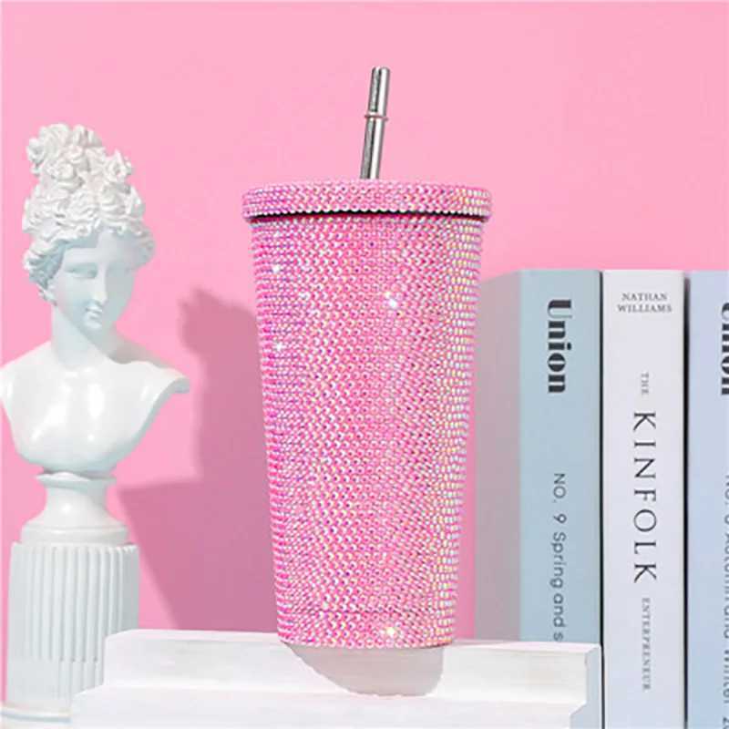 Tumblers 500/750ml Köpüklü Elmas Paslanmaz Çelik Yalıtımlı Kupa Saman Sadeleştirilmiş ve Zarif Glitter Su Şişesi H240425