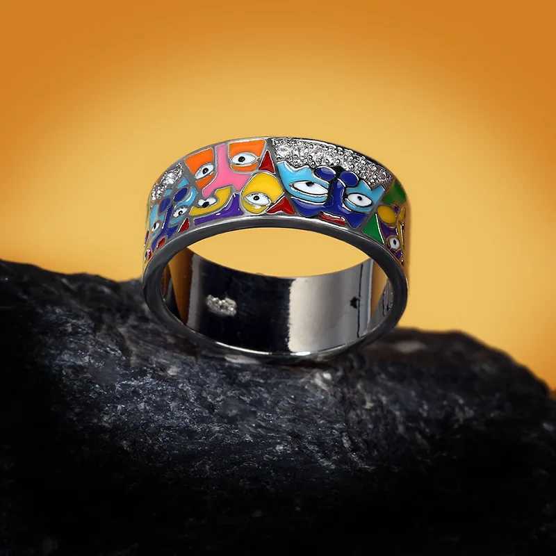 Band Rings For Women 925 Sterling Silver White CZ Handmade Enamel Lovely Cat Unique Trendy Ring Party Fashion Jewelry H240425