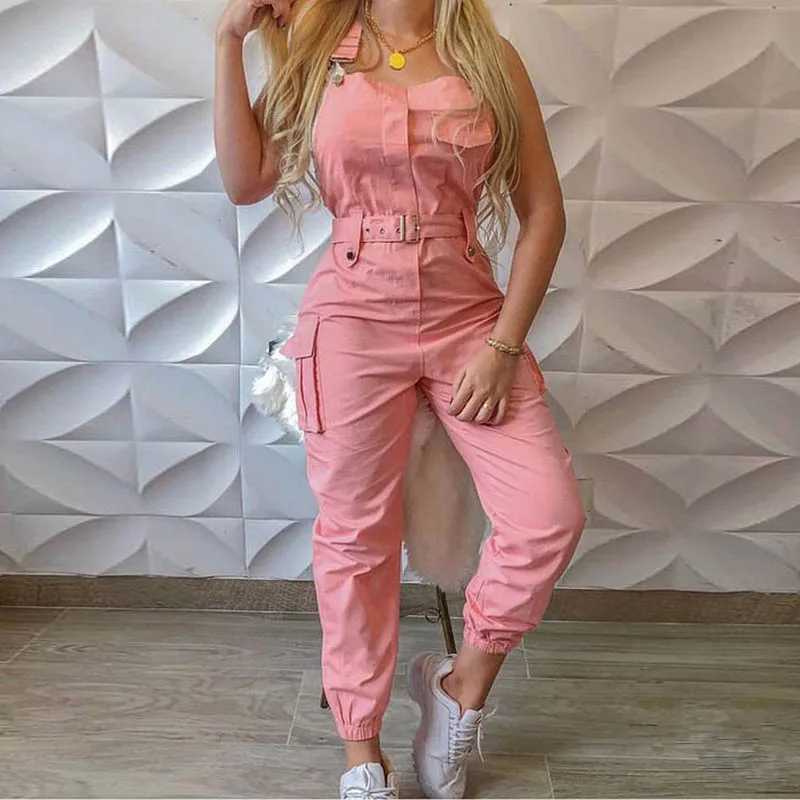 Kvinnors jumpsuits rompers Womens Jumpsuit High midja Slim Solid Pockets lastbyxor Axless Casual Full Set Jumpsuit Y240425