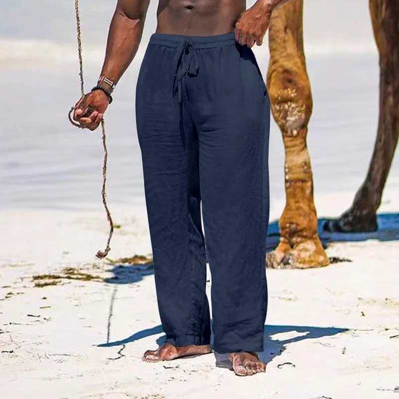 Pantalon masculin pour hommes pantalon en lin coton pantalon droite lâche lâche léger cordon de plage pantalon pour hommes pantalon d240425
