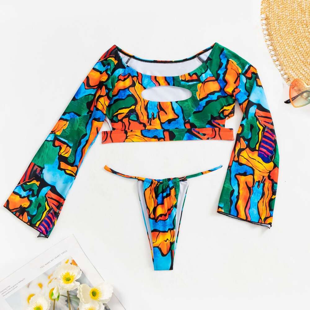 New Bikini Tight Fitting Long Sleeved Digital Printed Swimsuit for Women's Swimwear