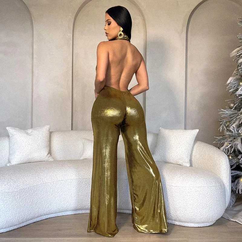 Women's Jumpsuits Rompers BUILDINGB Dp V Collar Hollow Out Sparkling Sexy Solid Color Gold Fared Jumpsuit Knot Halter Backless Strt Wear Jumpsuit Y240425