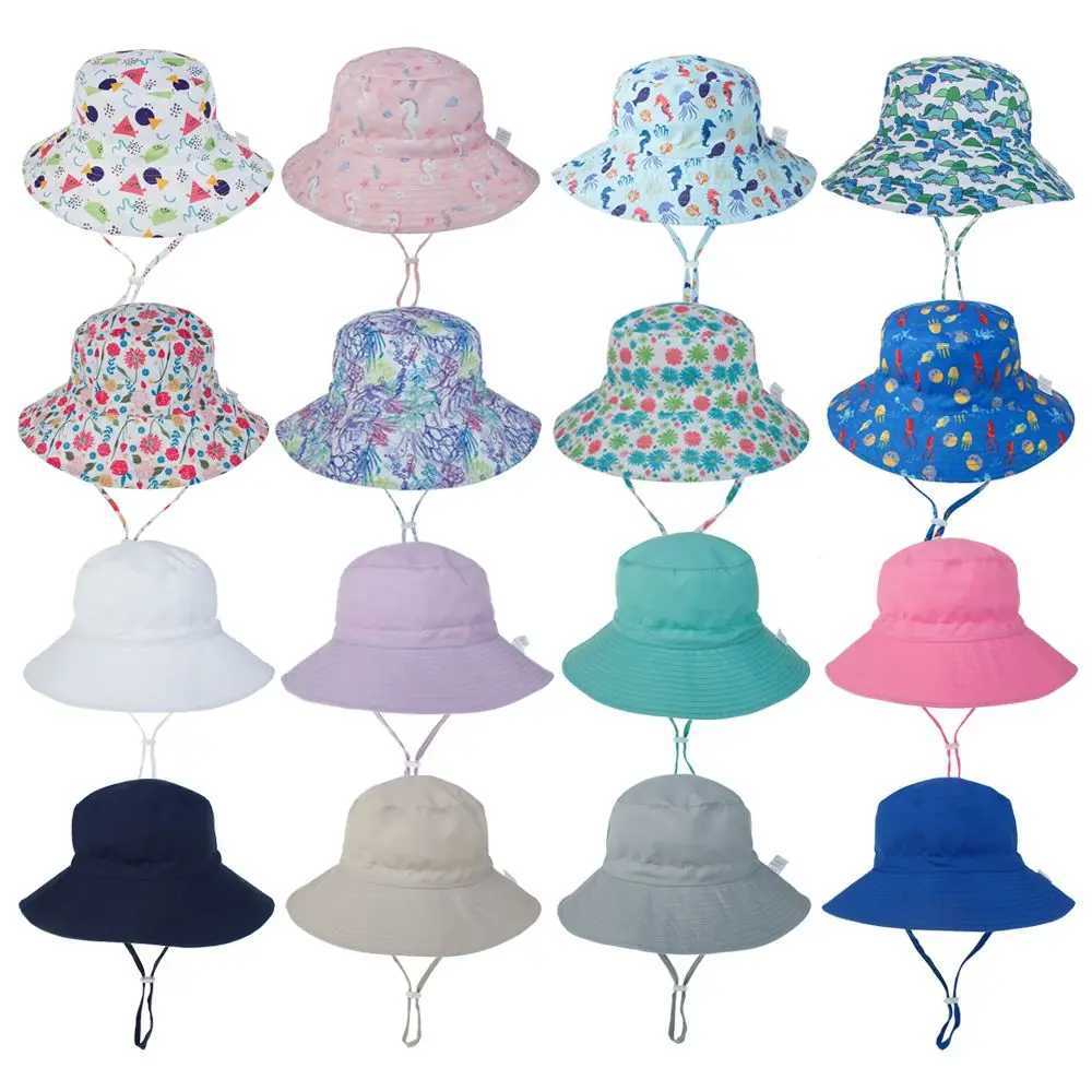 Caps Hats Swimming Hats For 0-8 Years UV Protection Neck Ear Cover Beach Cap with Adjustable Chin Strap Nice Baby Sun Hat Bucket Hat d240425