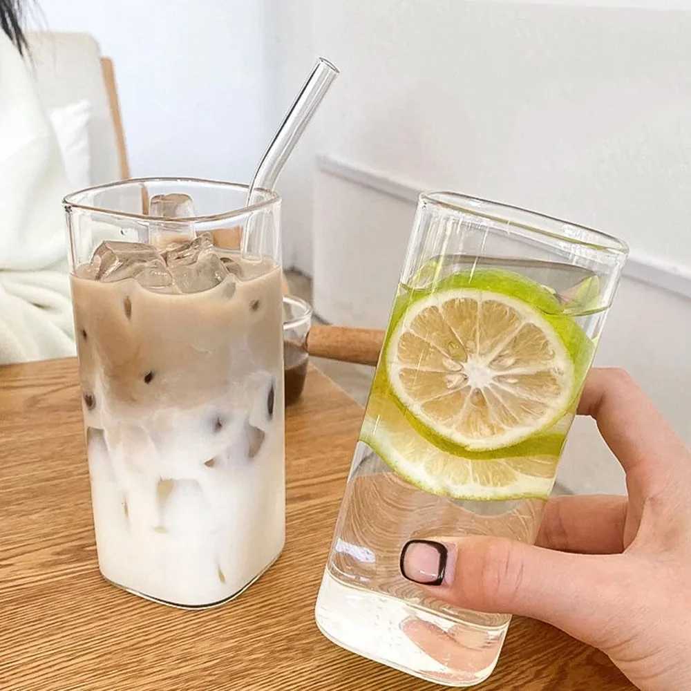 Tumblers 400 ml vierkante transparante glazen waterbeker met deksel en stro ijs koffie Mok hittebestendig zomersapdrank H240425